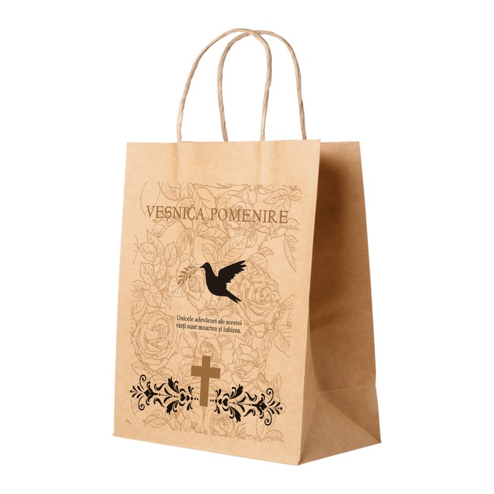 Set 500 bucati Pungi Hartie pentru parastase, comemorari, inmormantari Vesnica Pomenire, 27 x 36 x 11cm, kraft Natur, Model 6