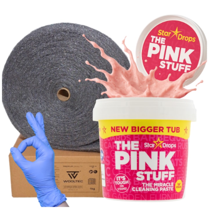 Комплект за почистване на паста Pink Stuff 850g със стоманена вата 250g и защитни ръкавици, Wooltec