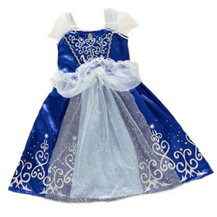 Rochie fetite pentru carnaval cu piatra si brosa Mixbo, Printesa, satin/tul, 8-9 ani, albastru electric