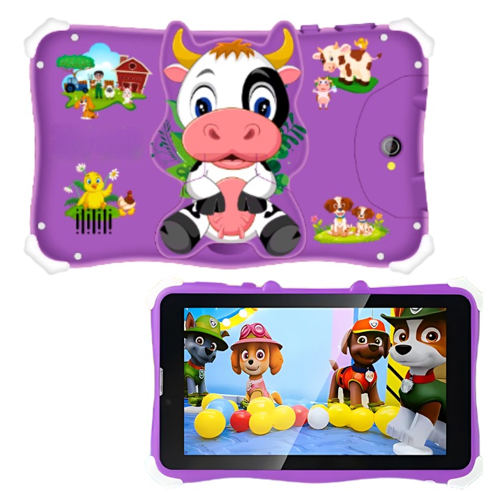 Детски таблет със силиконов калъф, 7' Inch, 1024*600 IPS, Android 13.0, 4 GB RAM, 128 GB вътрешна памет, Bluetooth, WiFi, двойна камера 5MP/8MP, 4000 mAh, USB Type-C, SIM, включени подаръци, регулируема стойка, Лилав, Production by A&A