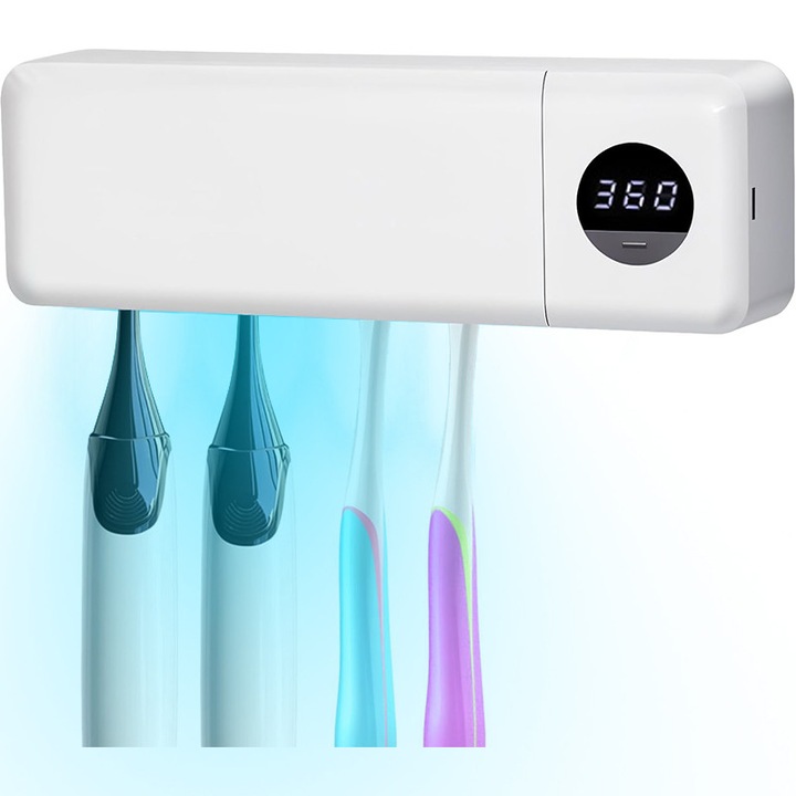 UV sterilizáló fogkefékhez, 4 sterilizáló tartó, Falra szerelhető, 1200 mAh újratölthető akkumulátor, Digitális kijelző, Időzítő, 360 másodperces fertőtlenítési idő, Fehér
