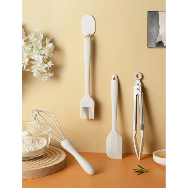 Set 6 Ustensile de Bucatarie, din Silicon si Inox, Mini Spatula, Tel, Cleste, Perie pentru Ulei, Lingura de Supa, Paleta, Termorezistente, Antiaderente, Alb