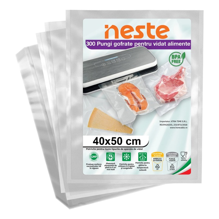 Pachet 300 Pungi Vidat Gofrate pentru alimente, 90 microni, Neste®, 40 x 50 cm