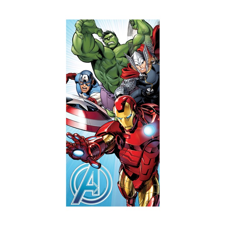 Jerry Fabrics strandtörölköző 70x140cm pamut, világoskék, Bosszúállók, Kapitan Ameryka, Iron Man, Hulk, Thor