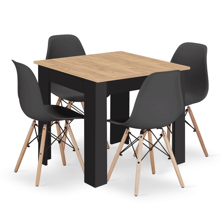 Set masa 80x80cm OSKAR, cu 4 scaune, polipropilena/lemn/PVC, Negru/Maro