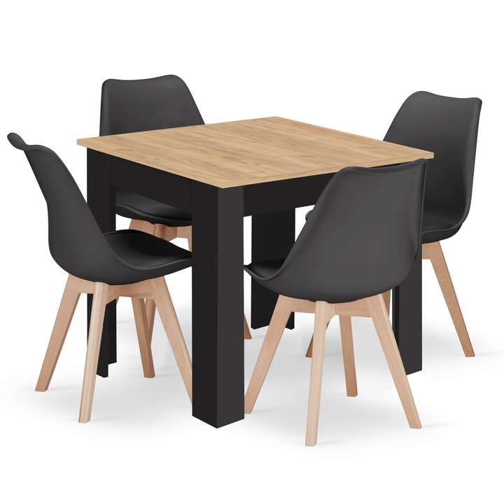 Set masa 80x80cm OSKAR cu 4 scaune 47x47x43cm, Lemn/PVC, negru/maro