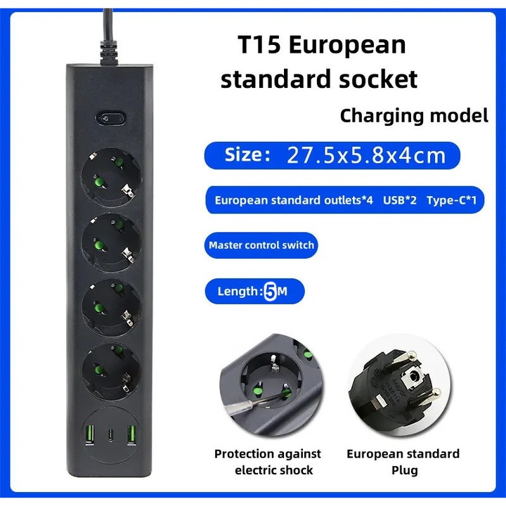 Удължителен кабел, 4 гнезда, 5-метров кабел, 2x USB-A, 1x USB-C, 4000W MAX, бутон ВКЛ./ИЗКЛ., защита от деца, защита от пренапрежение, огнеупорен, заземяване, черен, BYNOVIS®
