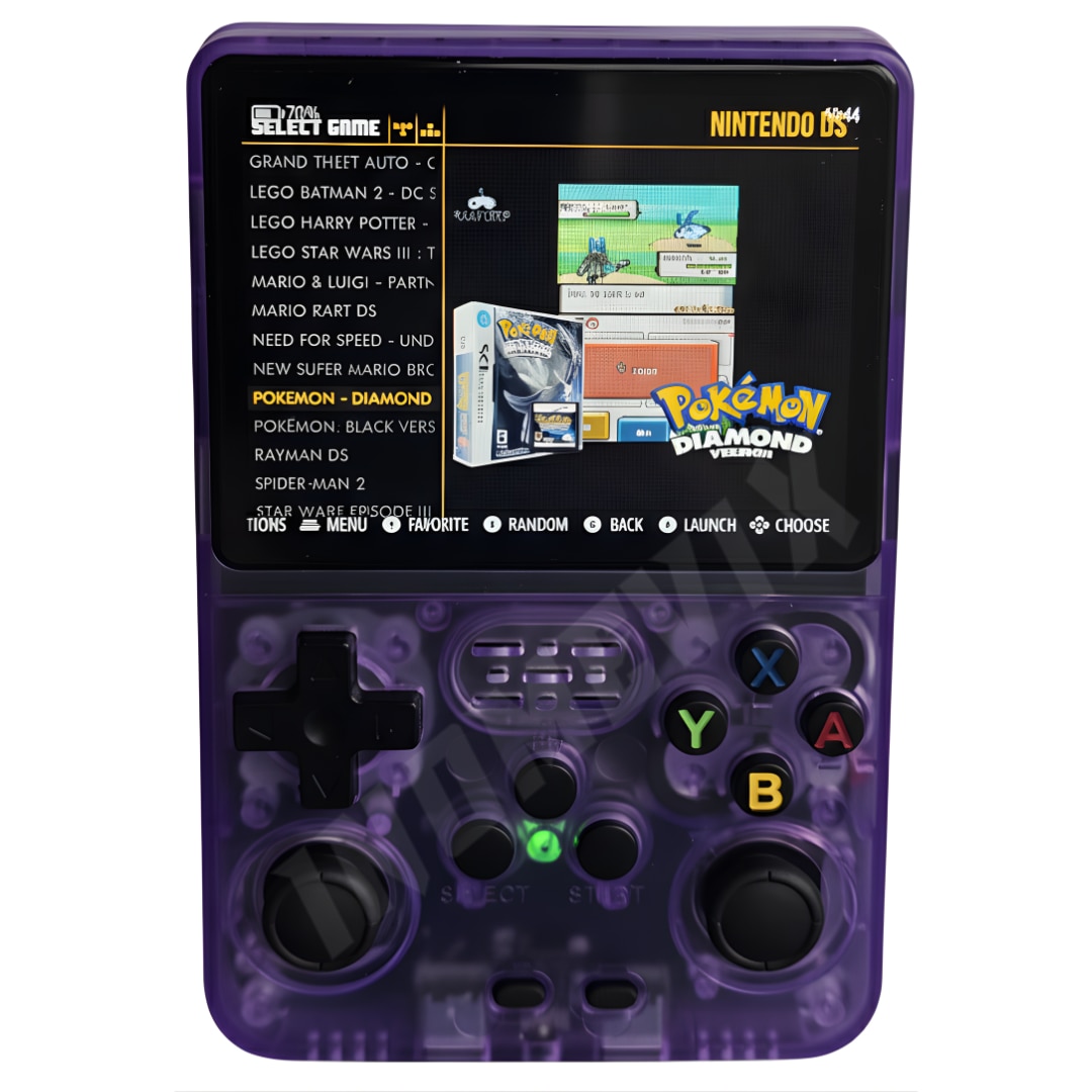 Consola jocuri retro portabila INOMEVIX®, 15.000+ jocuri preinstalate, 2 carduri (32GB + 64GB), Joystick 3D, 1GB RAM, Autonomie 8h, Procesor RK3326 Quad Core, Baterie 3200mAh, Jack 3.5mm, Type-C, Consola games pentru adulti si copii, Ecran IPS 3.5"