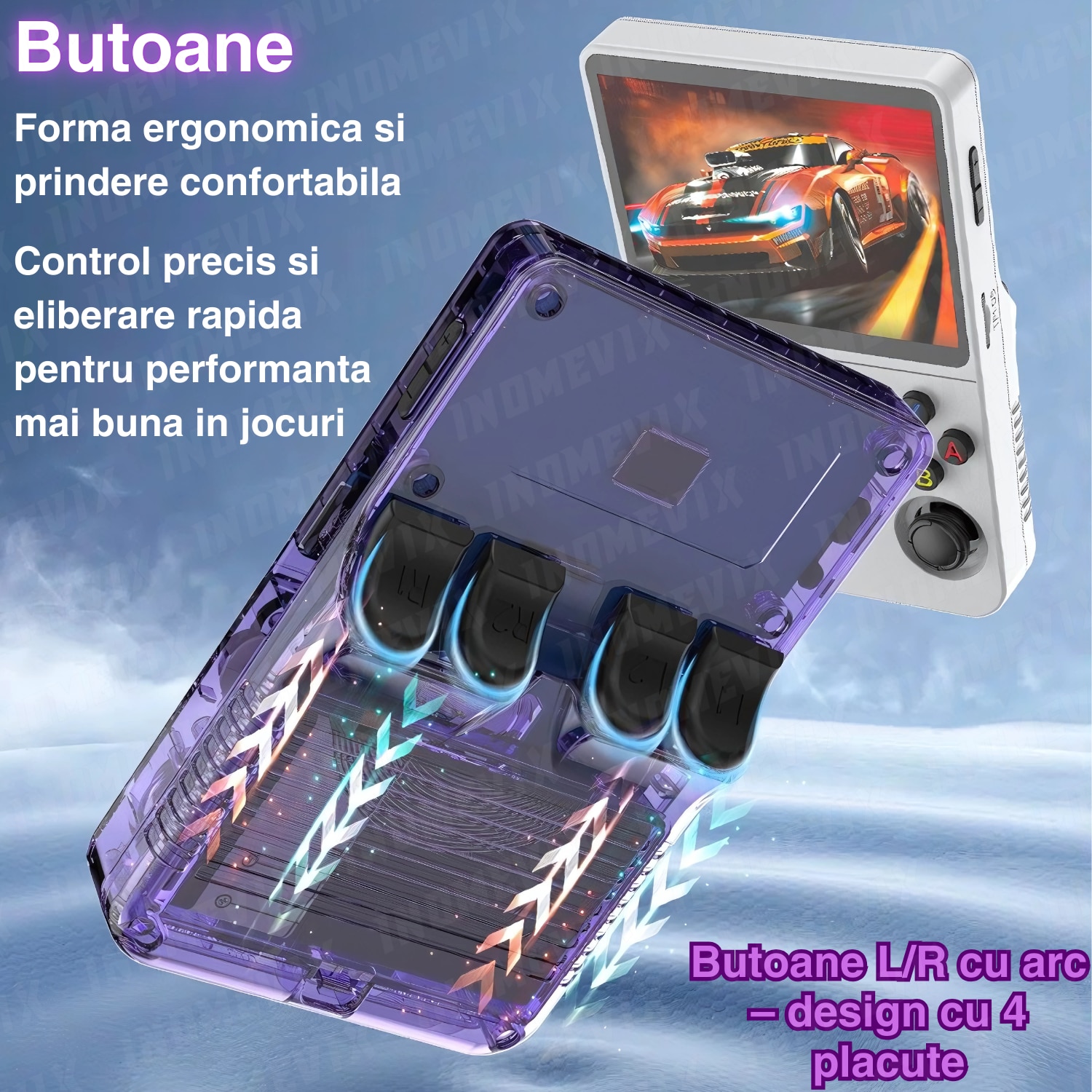 Consola jocuri retro portabila INOMEVIX®, 15.000+ jocuri preinstalate, 2 carduri (32GB + 64GB), Joystick 3D, 1GB RAM, Autonomie 8h, Procesor RK3326 Quad Core, Baterie 3200mAh, Jack 3.5mm, Type-C, Consola games pentru adulti si copii, Ecran IPS 3.5"