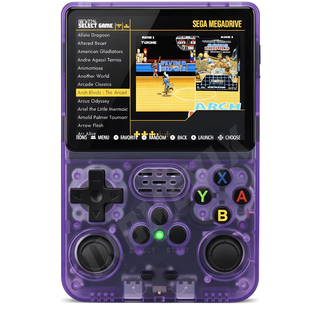 Consola jocuri retro portabila INOMEVIX®, 15.000+ jocuri preinstalate, 2 carduri (32GB + 64GB), Joystick 3D, 1GB RAM, Autonomie 8h, Procesor RK3326 Quad Core, Baterie 3200mAh, Jack 3.5mm, Type-C, Consola games pentru adulti si copii, Ecran IPS 3.5"