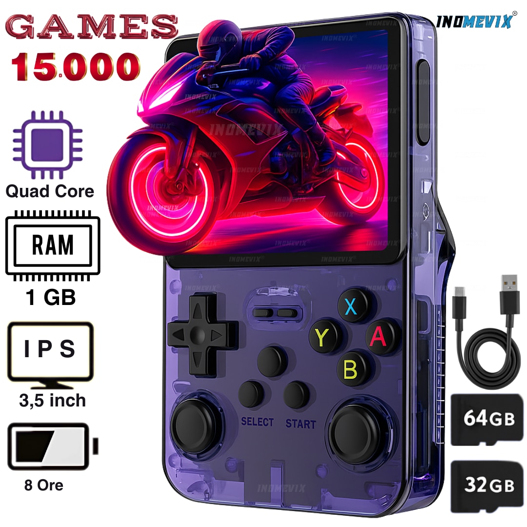 Consola jocuri retro portabila INOMEVIX®, 15.000+ jocuri preinstalate, 2 carduri (32GB + 64GB), Joystick 3D, 1GB RAM, Autonomie 8h, Procesor RK3326 Quad Core, Baterie 3200mAh, Jack 3.5mm, Type-C, Consola games pentru adulti si copii, Ecran IPS 3.5"