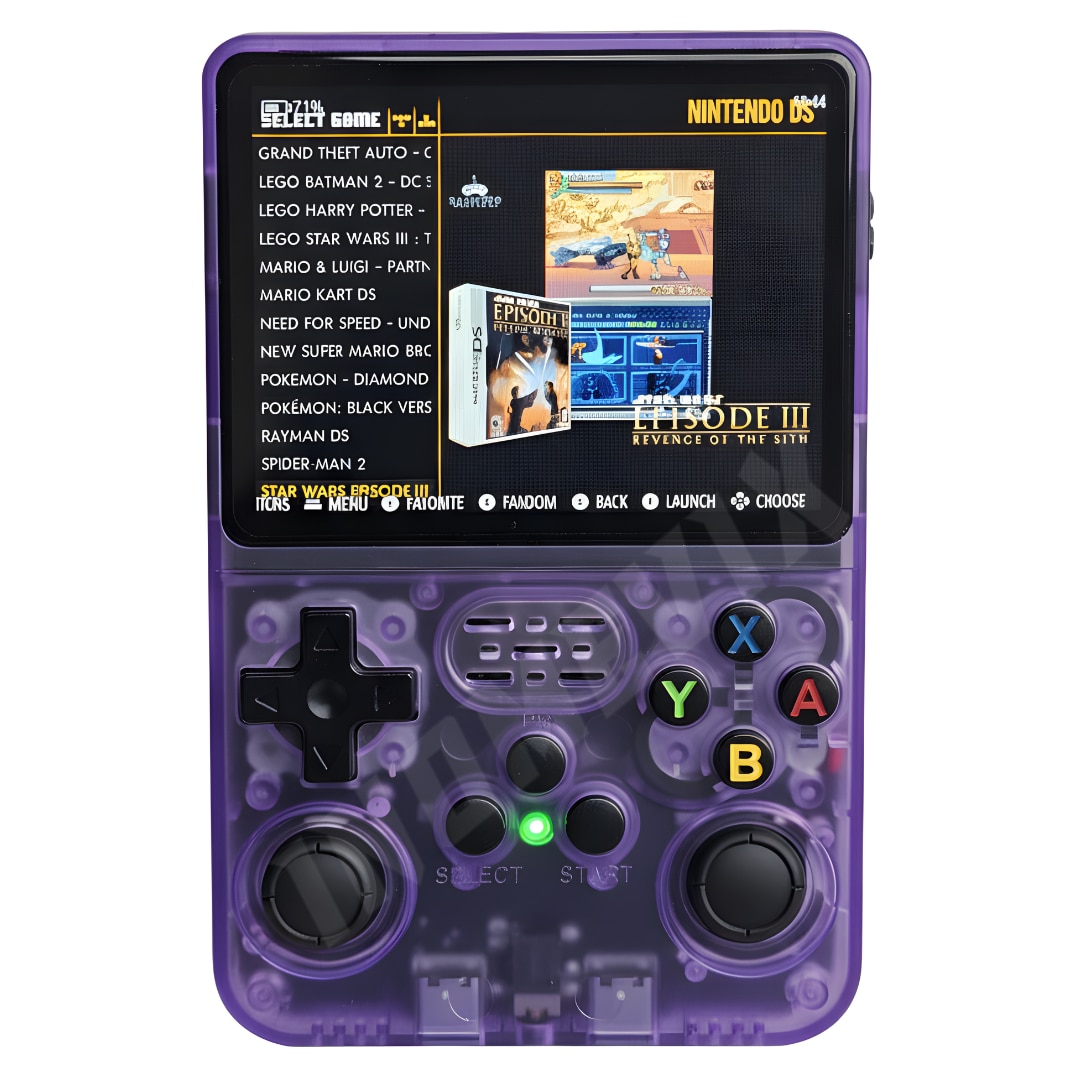 Consola jocuri retro portabila INOMEVIX®, 15.000+ jocuri preinstalate, 2 carduri (32GB + 64GB), Joystick 3D, 1GB RAM, Autonomie 8h, Procesor RK3326 Quad Core, Baterie 3200mAh, Jack 3.5mm, Type-C, Consola games pentru adulti si copii, Ecran IPS 3.5"