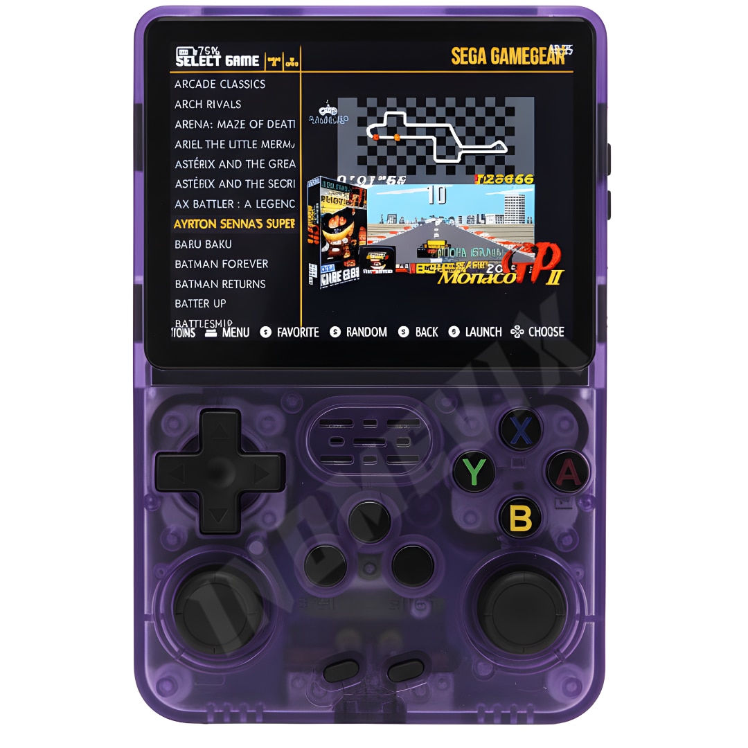 Consola jocuri retro portabila INOMEVIX®, 15.000+ jocuri preinstalate, 2 carduri (32GB + 64GB), Joystick 3D, 1GB RAM, Autonomie 8h, Procesor RK3326 Quad Core, Baterie 3200mAh, Jack 3.5mm, Type-C, Consola games pentru adulti si copii, Ecran IPS 3.5"