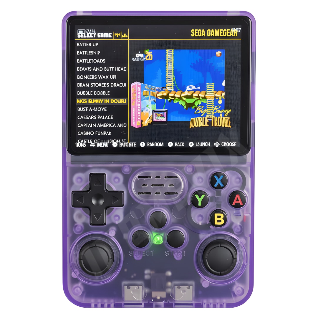 Consola jocuri retro portabila INOMEVIX®, 15.000+ jocuri preinstalate, 2 carduri (32GB + 64GB), Joystick 3D, 1GB RAM, Autonomie 8h, Procesor RK3326 Quad Core, Baterie 3200mAh, Jack 3.5mm, Type-C, Consola games pentru adulti si copii, Ecran IPS 3.5"