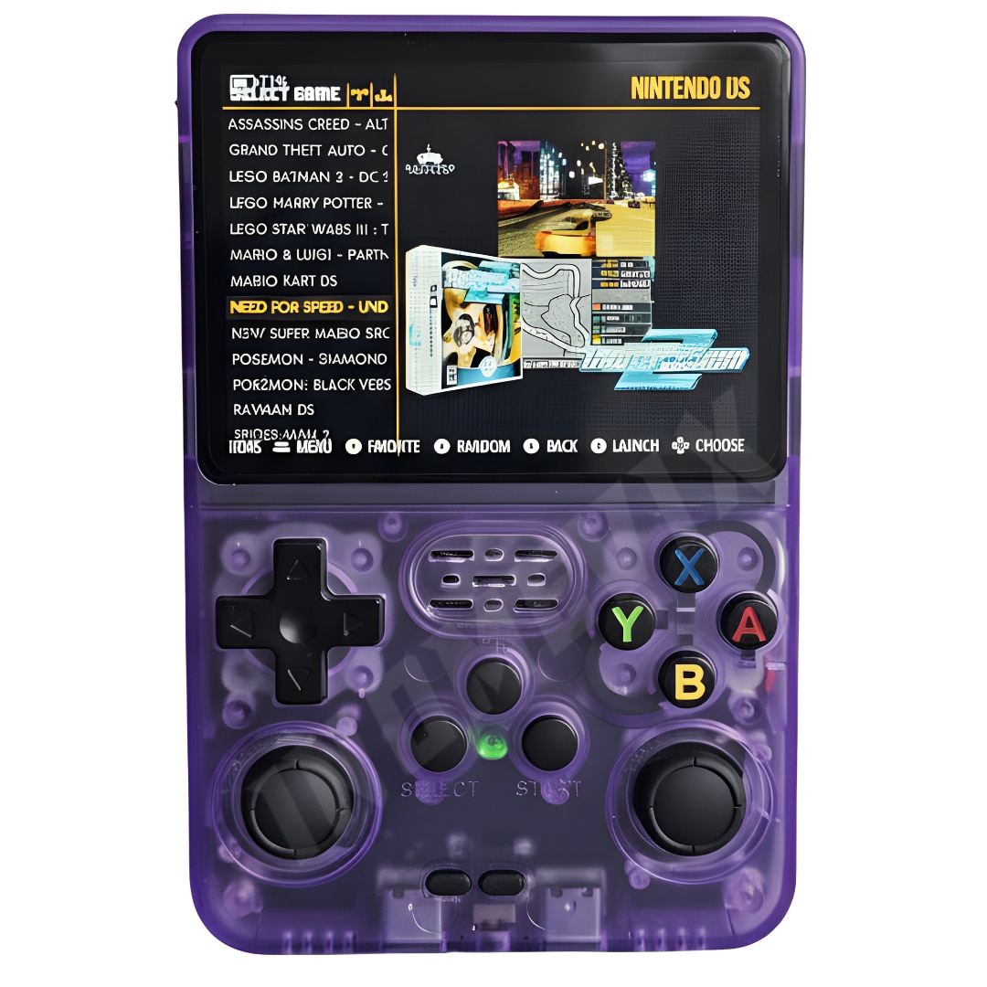 Consola jocuri retro portabila INOMEVIX®, 15.000+ jocuri preinstalate, 2 carduri (32GB + 64GB), Joystick 3D, 1GB RAM, Autonomie 8h, Procesor RK3326 Quad Core, Baterie 3200mAh, Jack 3.5mm, Type-C, Consola games pentru adulti si copii, Ecran IPS 3.5"