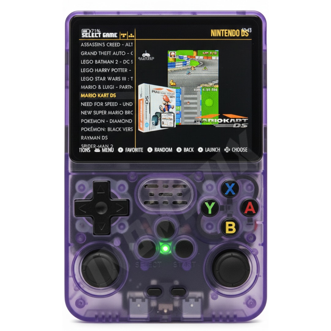 Consola jocuri retro portabila INOMEVIX®, 15.000+ jocuri preinstalate, 2 carduri (32GB + 64GB), Joystick 3D, 1GB RAM, Autonomie 8h, Procesor RK3326 Quad Core, Baterie 3200mAh, Jack 3.5mm, Type-C, Consola games pentru adulti si copii, Ecran IPS 3.5"