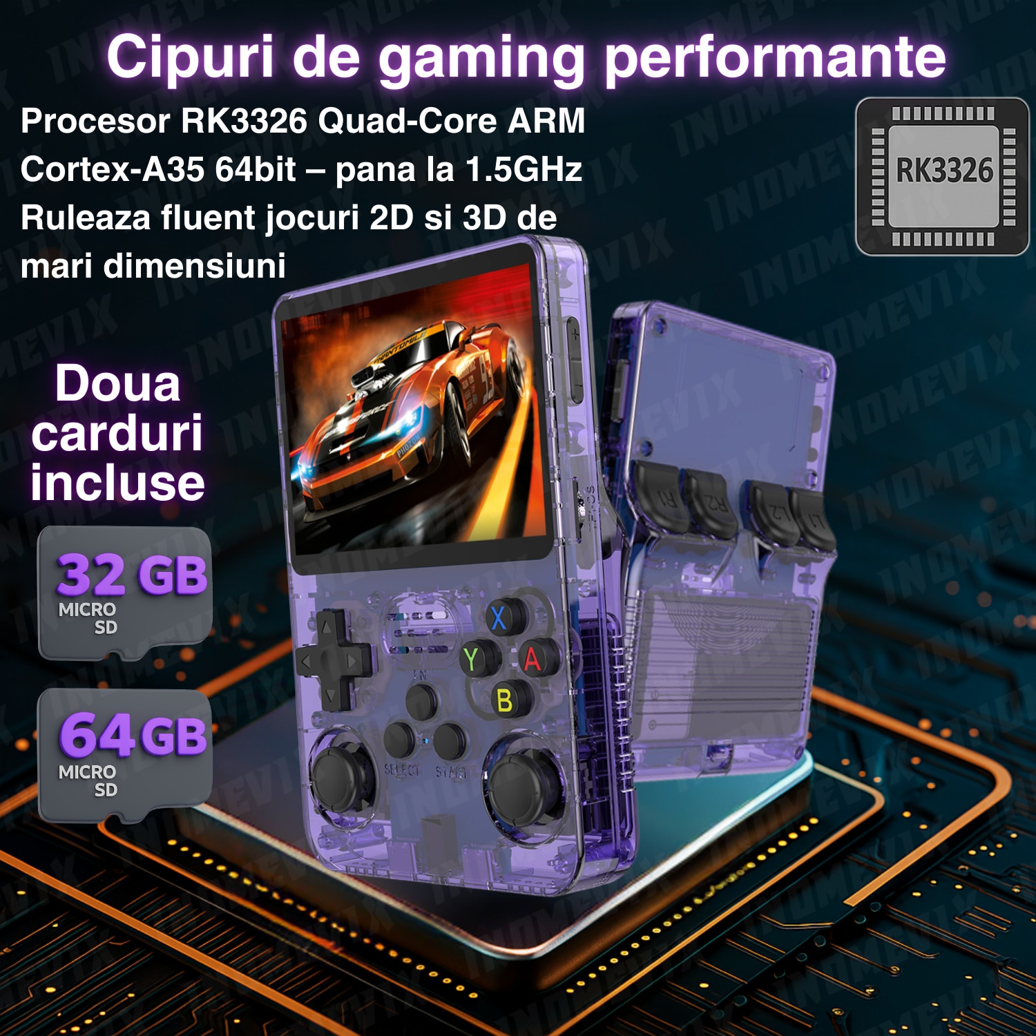 Consola jocuri retro portabila INOMEVIX®, 15.000+ jocuri preinstalate, 2 carduri (32GB + 64GB), Joystick 3D, 1GB RAM, Autonomie 8h, Procesor RK3326 Quad Core, Baterie 3200mAh, Jack 3.5mm, Type-C, Consola games pentru adulti si copii, Ecran IPS 3.5"