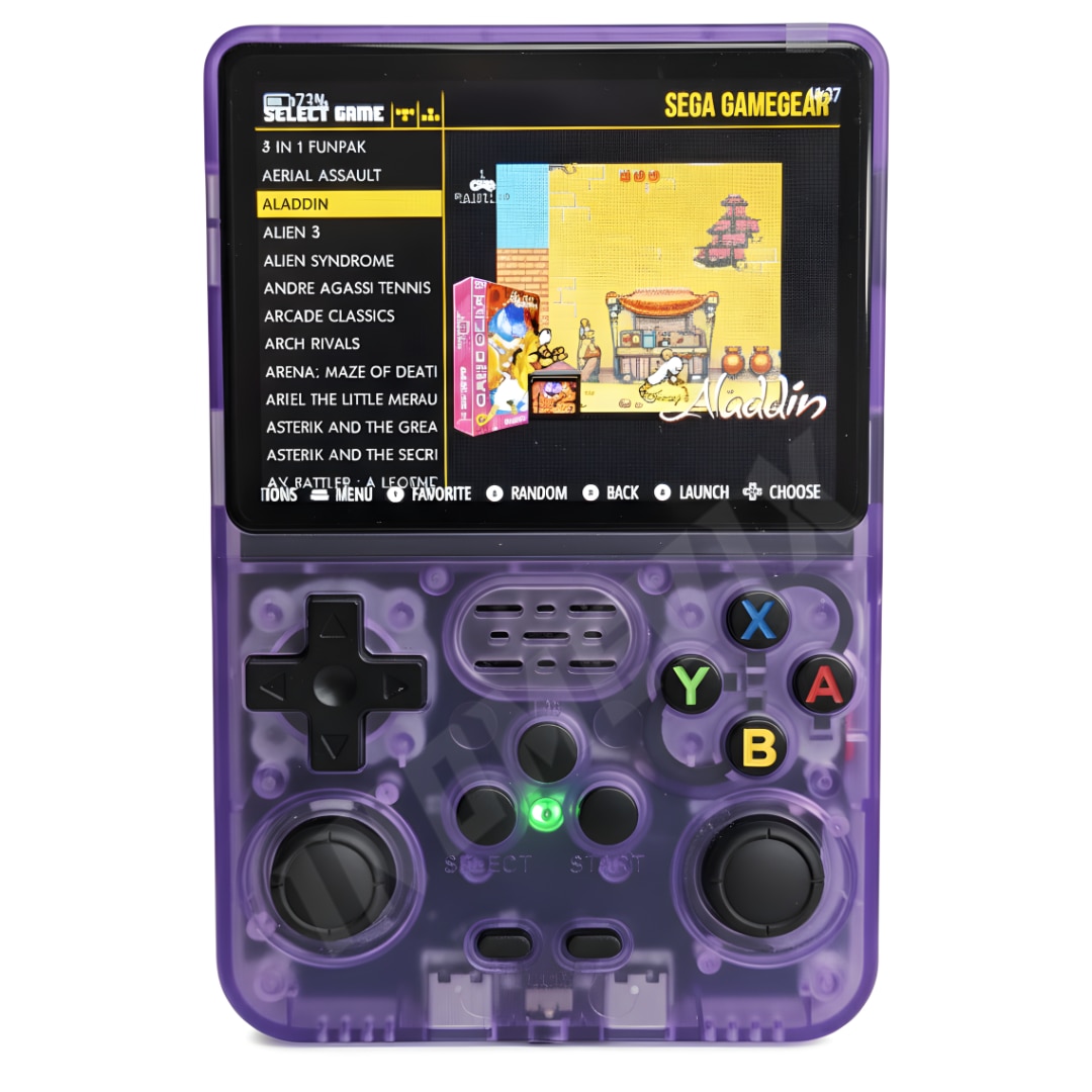 Consola jocuri retro portabila INOMEVIX®, 15.000+ jocuri preinstalate, 2 carduri (32GB + 64GB), Joystick 3D, 1GB RAM, Autonomie 8h, Procesor RK3326 Quad Core, Baterie 3200mAh, Jack 3.5mm, Type-C, Consola games pentru adulti si copii, Ecran IPS 3.5"