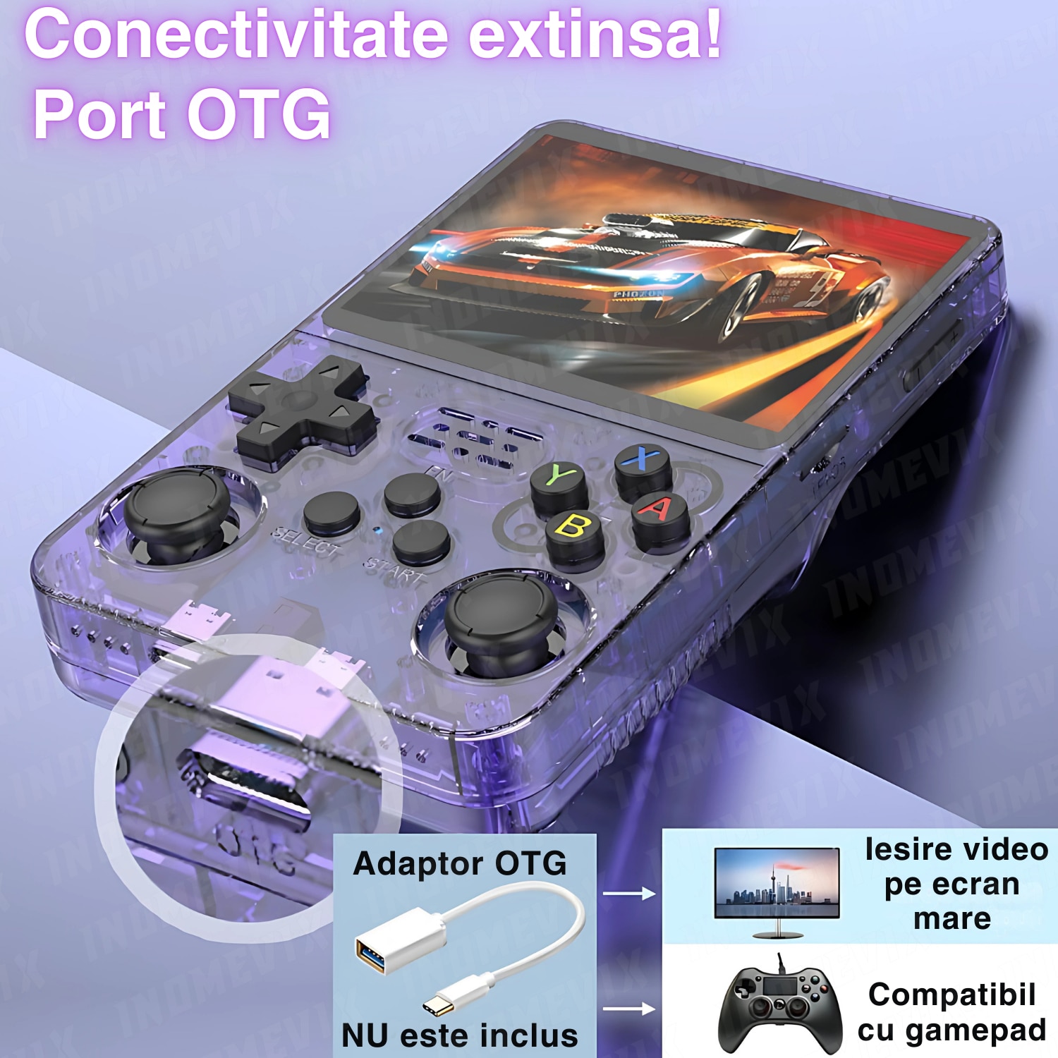 Consola jocuri retro portabila INOMEVIX®, 15.000+ jocuri preinstalate, 2 carduri (32GB + 64GB), Joystick 3D, 1GB RAM, Autonomie 8h, Procesor RK3326 Quad Core, Baterie 3200mAh, Jack 3.5mm, Type-C, Consola games pentru adulti si copii, Ecran IPS 3.5"
