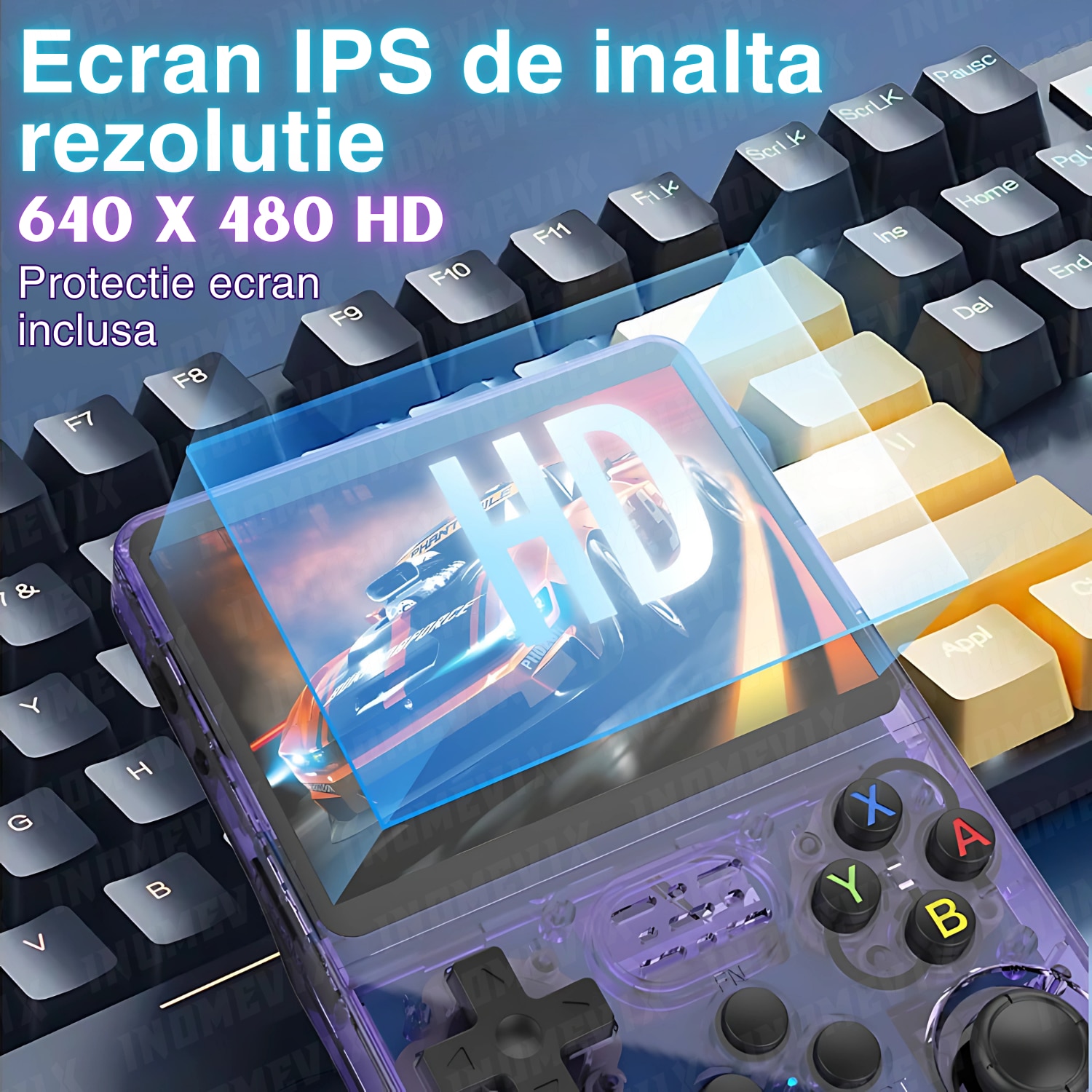 Consola jocuri retro portabila INOMEVIX®, 15.000+ jocuri preinstalate, 2 carduri (32GB + 64GB), Joystick 3D, 1GB RAM, Autonomie 8h, Procesor RK3326 Quad Core, Baterie 3200mAh, Jack 3.5mm, Type-C, Consola games pentru adulti si copii, Ecran IPS 3.5"