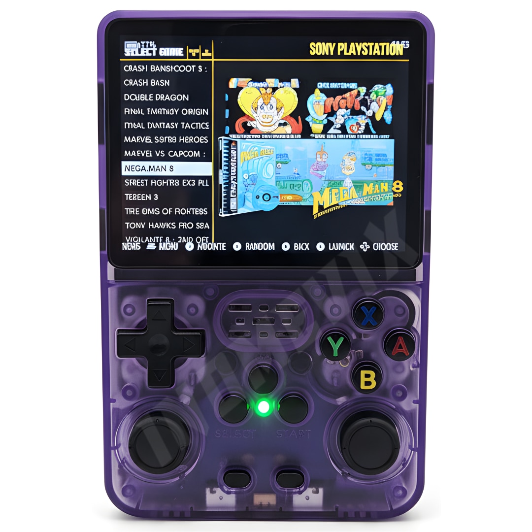 Consola jocuri retro portabila INOMEVIX®, 15.000+ jocuri preinstalate, 2 carduri (32GB + 64GB), Joystick 3D, 1GB RAM, Autonomie 8h, Procesor RK3326 Quad Core, Baterie 3200mAh, Jack 3.5mm, Type-C, Consola games pentru adulti si copii, Ecran IPS 3.5"