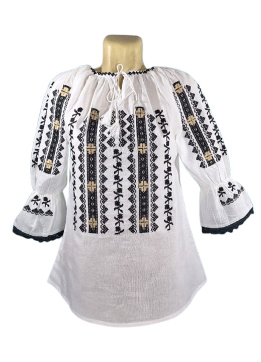 Ie Dama, Bumbac, Broderie Negru-Bej, Model Traditional, Maneca 3/4, Marime S