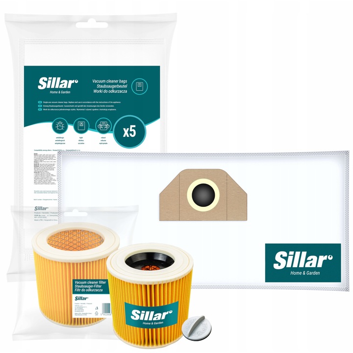 Set 5 saci pentru aspirator, sintetice + 1x filtru cu capac de fixare, compatibil cu Karcher WD3.200 WD2 MV3 KWD V12 V-15 V-17