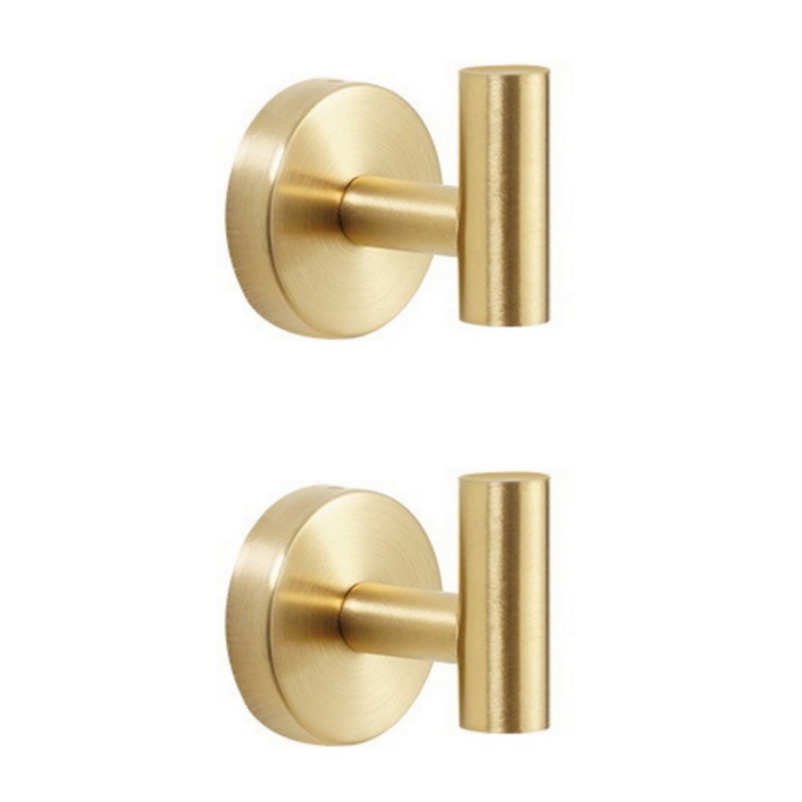 Set de 2 carlige adezive din otel inoxidabil, carlige de perete fara gauri pentru bai si WC-uri, bucatarii si usi, Auriu