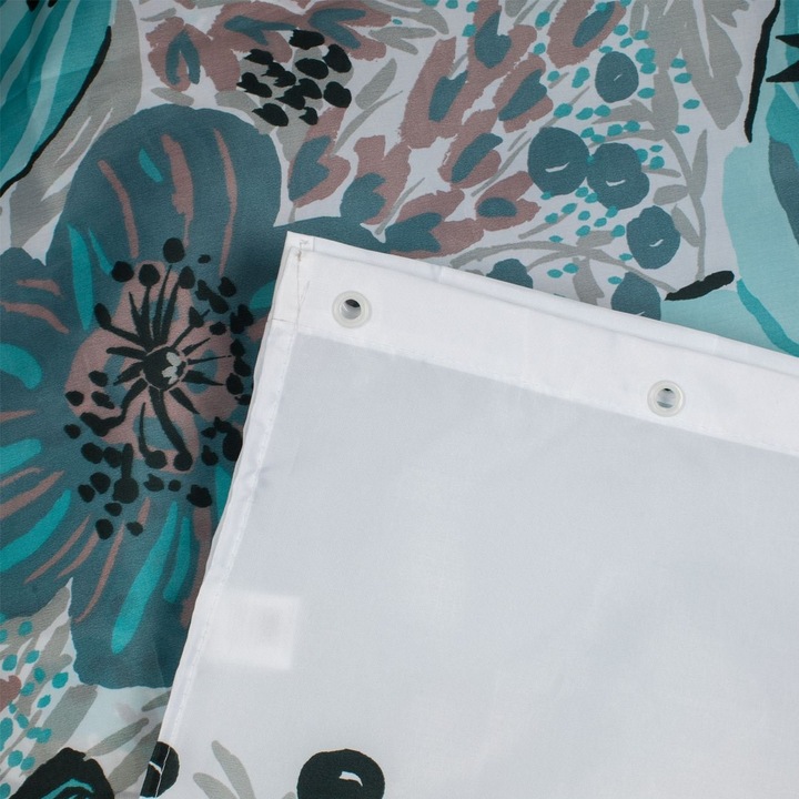 Perdea Dus Alba Petrol cu Flori & Randunele 180x180cm