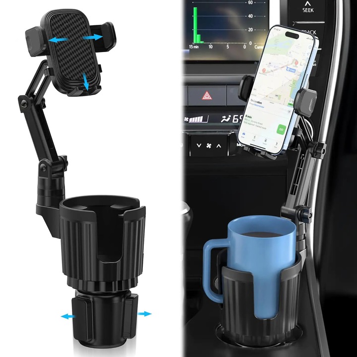 Suport Auto Telefon si Pahar Elindor® 2 In 1 pentru Masina, Compatibil Universal, Baza Reglabila, Brat Extensibil 360°, Sistem Anti-Alunecare, pentru Cani, Pahare, Sticle si Smartphone, Fixare in Cupholder, Negru