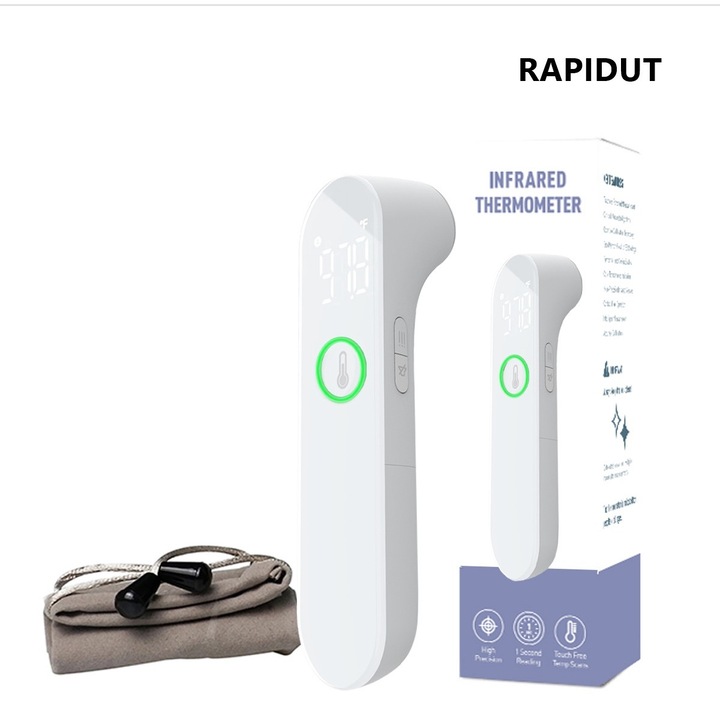 Termometru digital copii, RAPIDUT®, Non contact, Citire 1 sec, Led cu infrarosu IR, Frunte si urechi, incapere, obiect, Functie memorie, Alb