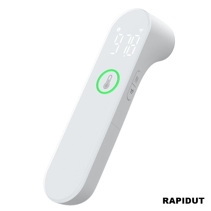 Дигитален детски термометър, RAPIDUT®, Безконтактен, 1 секунда отчитане, IR инфрачервен LED, Чело и уши, стая, обект, Функция памет, Бял