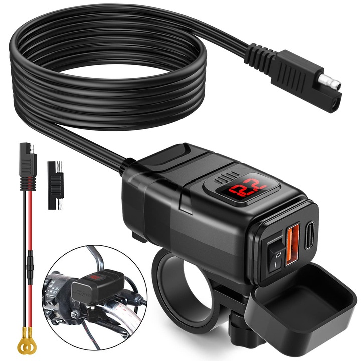 EXCITAT USB motorkerékpár töltő voltmérővel és be-/kikapcsolóval – QC 3.0 kettős gyorstöltés 6,8 A