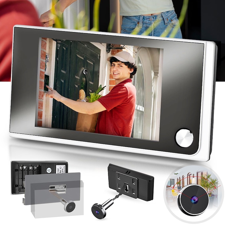 EXCITAT® Monitor LCD wireless 3.5 inch – Vizor inteligent cu camera 120° pentru usa – Design clasic, instalare usoara – Ideal pentru siguranta locuintei, Gri