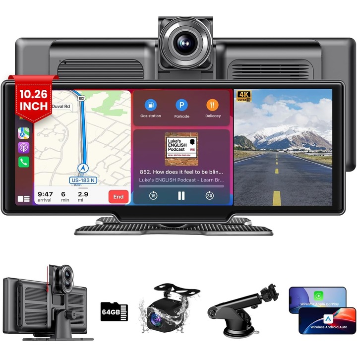 Преносим екран за кола EXCITAT® с CarPlay и Android Auto – 10.26" HD сензорен екран, 2K автомобилна камера + камера за задно виждане, Bluetooth, FM/AUX предаване, универсална съвместимост