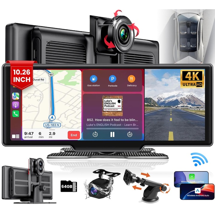 EXCITAT® Navigatie Auto Universala 10.26" IPS HD 4K/1080P Wireless CarPlay/Android Auto + Dual Camere 4K/1080P, Mirroring Wireless, Bluetooth 5.0, TF Card 64GB Negru