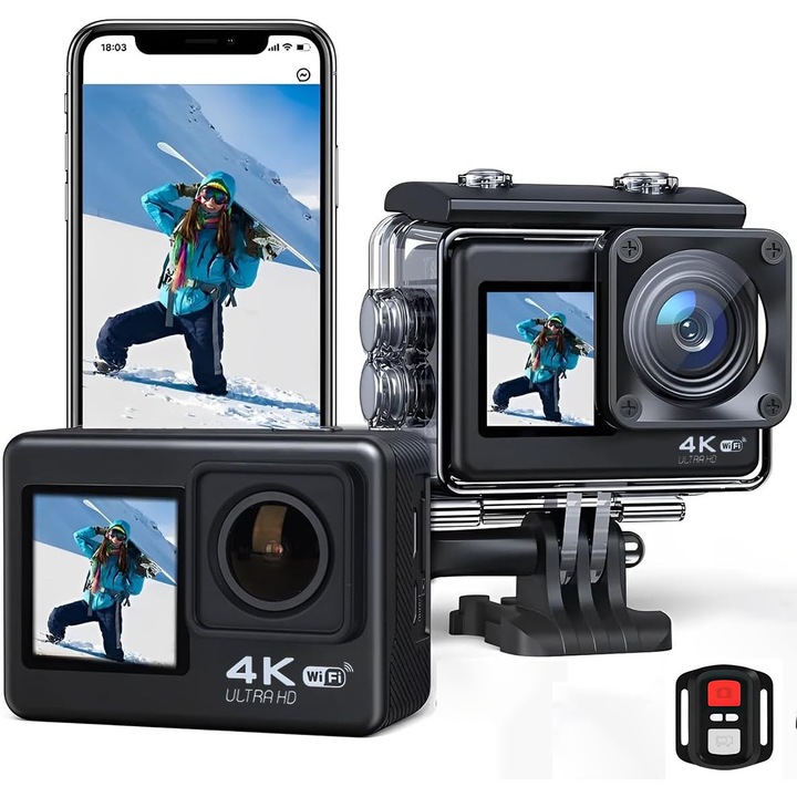 EXCITAT® 4K спортна видеокамера, двоен сензорен екран, WiFi връзка, под вода до 40 м, EIS 2.0 стабилизация, 170° широкоъгълен ъгъл, увеличение, 2 батерии и аксесоари, за влогове и спортове на открито