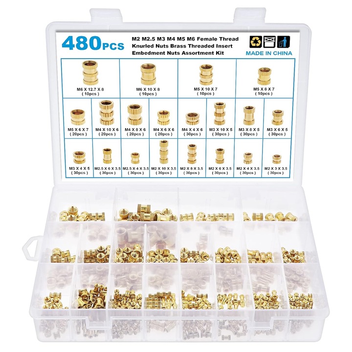Set de 480 piulite moletate din alama cu insertii filetate M2 M2.5 M3 M4 M5 M6, 20 de dimensiuni, pentru imprimarea 3D a pieselor din plastic, in cutie depozitare