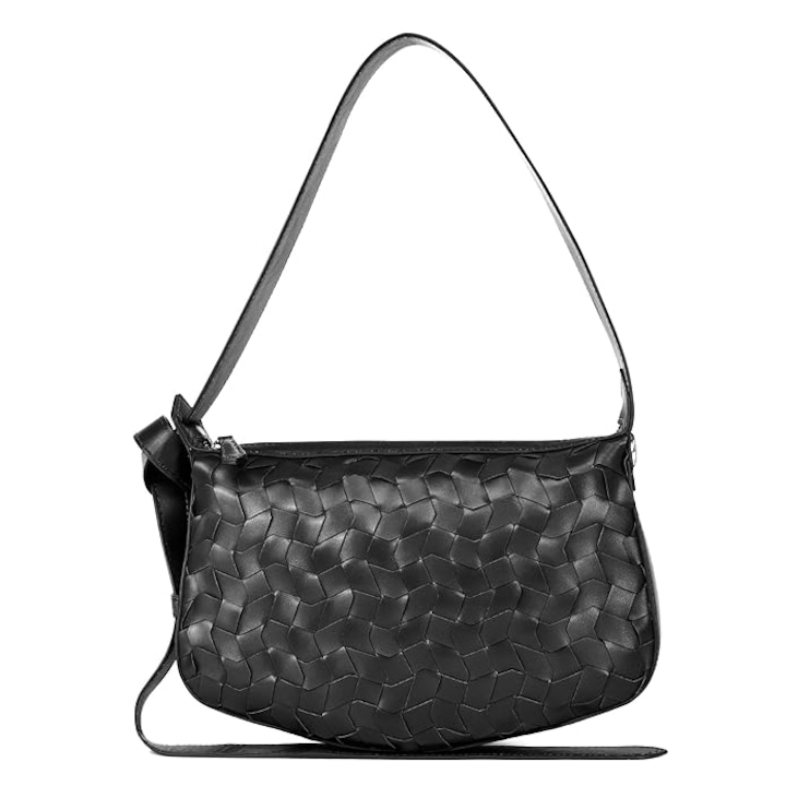 Poseta eleganta de mana neagra din piele PU, cu fermoar si curea detasabila sau ajustabila, fata impletita