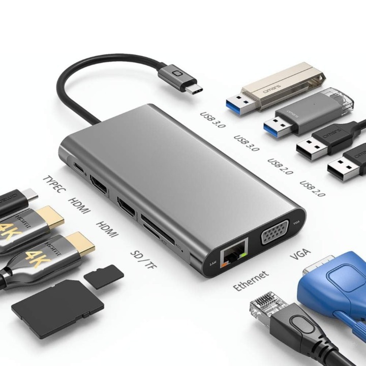 Докинг станция AFel, USB-C, 11 в 1, Multiport HUB, HDMI 4K x2, VGA 1920x1080, USB 3.1 x2, SD/TF четец на карти, 100/1000 Ethernet, 20V/5A порт за зареждане, множествена съвместимост, алуминий