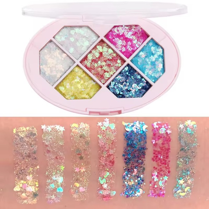 Glitter paletta szett, 7 árnyalat, testre és hajra, 50 g, vízálló, többszínű