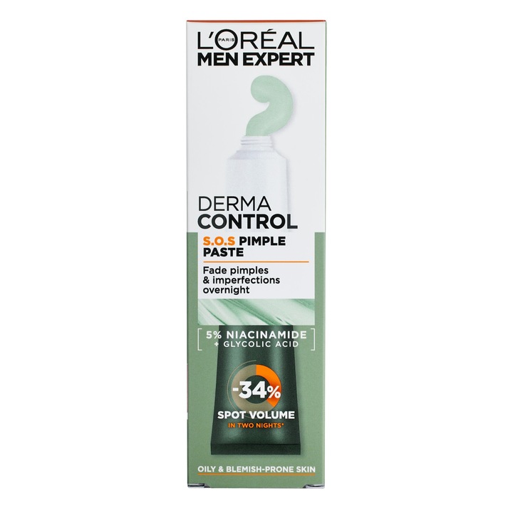 Крем против акне и черни точки, L'Oreal Men Expert Derma Control, формула 2 в 1, ниацинамид, гликолова киселина, 45 мл