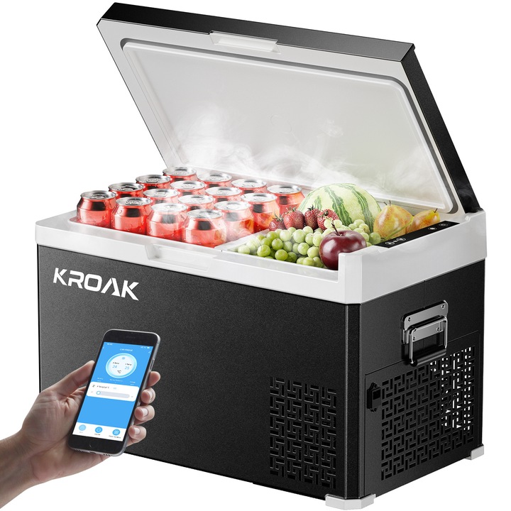 Компресорен хладилник KROAK 30L с управление чрез Bluetooth приложение и двузонов -20°C до +20°C, Компресор за къмпинг/автомобил/къща на колела, 12/24/230V хладилен бокс с отделения