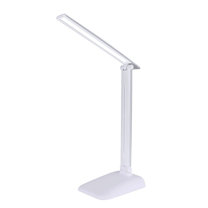 Lampa de birou LED Renew Force, alb-argintiu, alimentare USB 5V, 5W, luminozitate reglabila, 3 moduri, 39 cm inaltime, baza 16.5x11 cm, lungime cablu 110 cm, design din aluminiu si ABS, IP20 LDL-110-WHITE