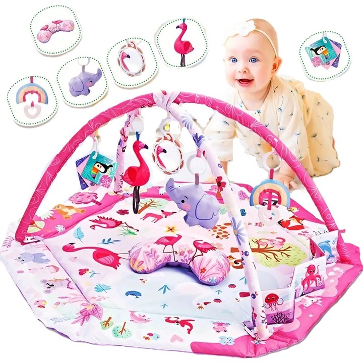 SmartVibe smart kinder vibe център за активност матрак и кошара, 3 в 1 включва възглавница, 20 цветни топки, 7 сензорни играчки, огледало, аркада, миеща се, мултифункционална, от 0 месеца, розов цвят