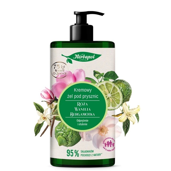 Herbapol tusfürdő, rózsa, vanília és bergamott, 740 ml