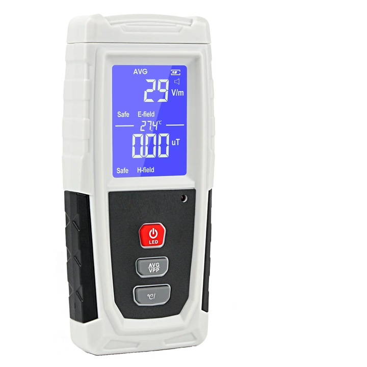 Detector Radiatii Electromagnetice Optimus AT XRClif 3121, masurare EMF, V/m si μT, alarma EMF, afisaj LCD, acumulator USB, gri
