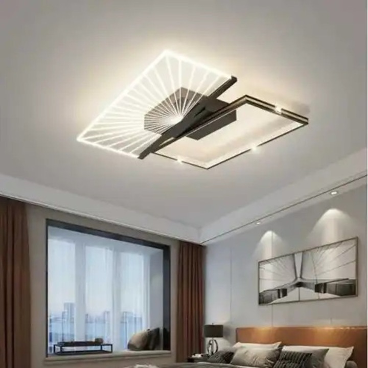 Lustra LED cu 3 tipuri de lumina si telecomanda, neagra, patrata, 54W, intensitate reglabila, lumina rece/neutra/calda, 50x50x10cm, IP21, aplicata, montaj tavan, LED CONCEPT