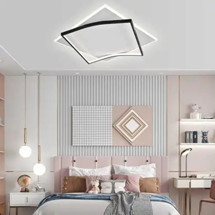 Lustra LED cu 3 tipuri de lumina si telecomanda, neagra cu alb, patrata, 142W, intensitate reglabila, lumina rece/neutra/calda, 50x50x8cm, IP21, aplicata, montaj tavan, LED CONCEPT