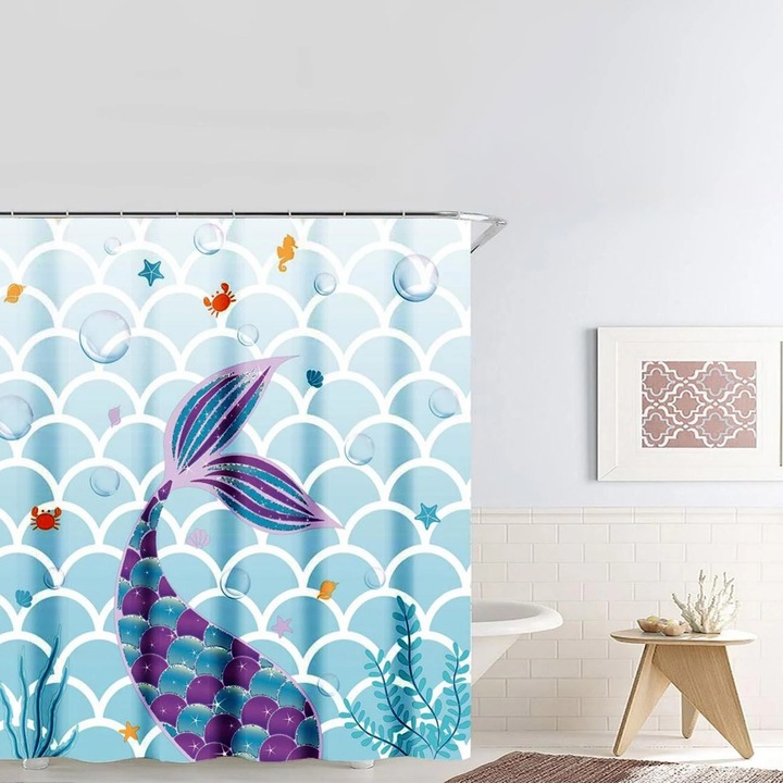 Perdea dus din PEVA ecologic, Ciel cu model Sirena, 180x180 cm, material reciclabil, 12 inele incluse